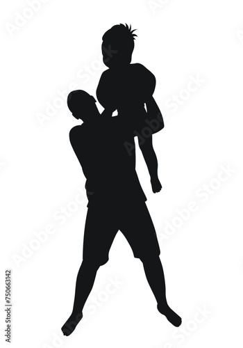 Father throwing his son up, silhouette of dad and son together, isolated vector