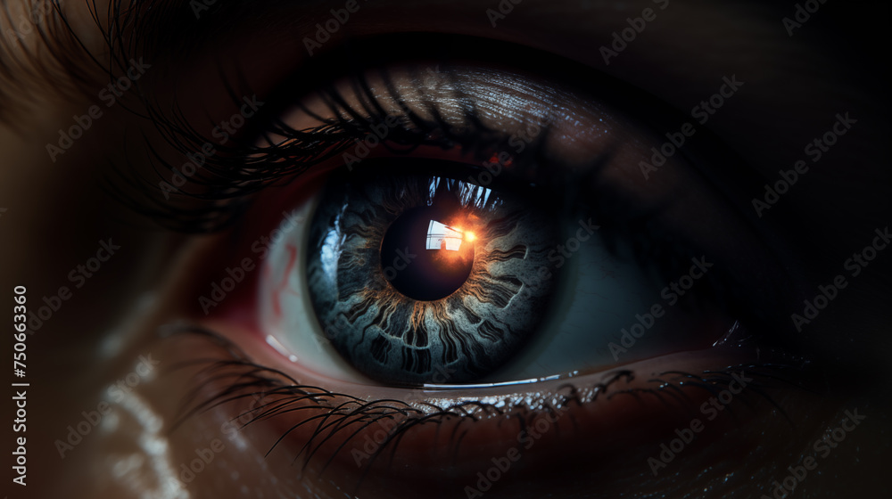 Fototapeta premium Close up of eye in process of scanning emotions, mirror of the soul, penetrating deep gaze, close-up of the retina