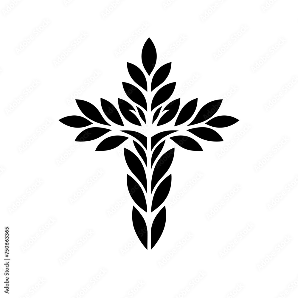 Christian cross icon. Black symbol of christian cross with plant and leaves. Religious symbol.