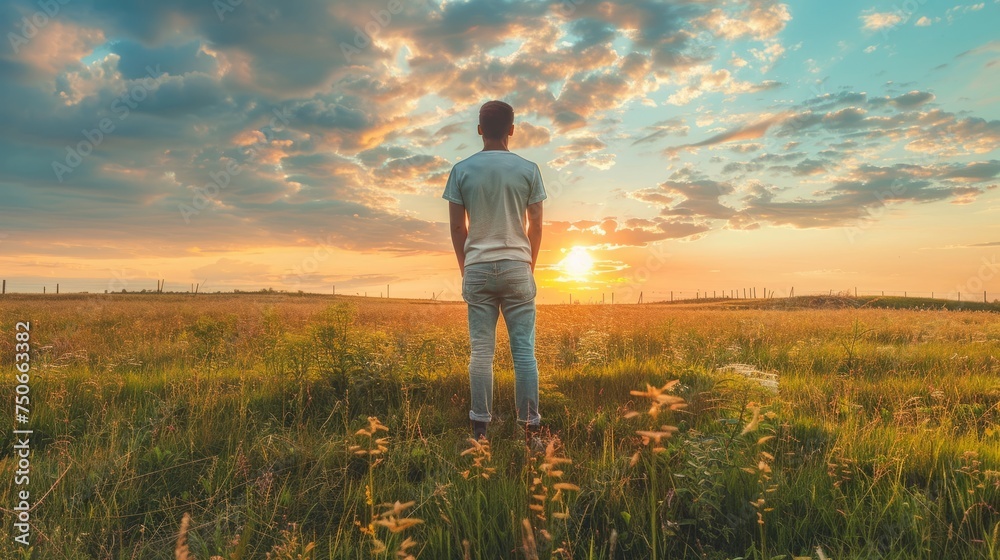 A man standing alone in a vast field under the colorful sky during sunset