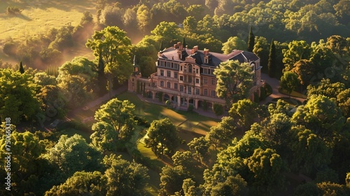 Transport yourself to the serene surroundings of Belmont Mansion, where the drone's lens captures the grandeur of the historic estate amidst a sea of verdant trees