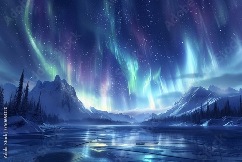 Wallpaper Mural Northern lights dancing over a frozen lake, magical winter night Torontodigital.ca