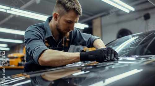 A man is seen diligently working on a car inside a well-lit garage