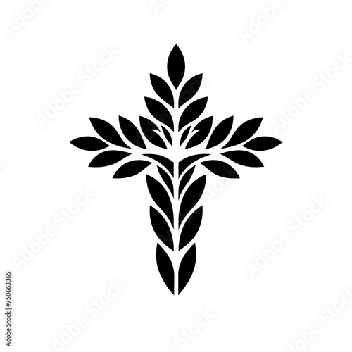 Christian cross icon. Black symbol of christian cross with plant and leaves. Religious symbol.