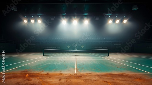 A tennis court with a tennis net positioned in the center, ready for players to engage in a match or practice their serves and volleys