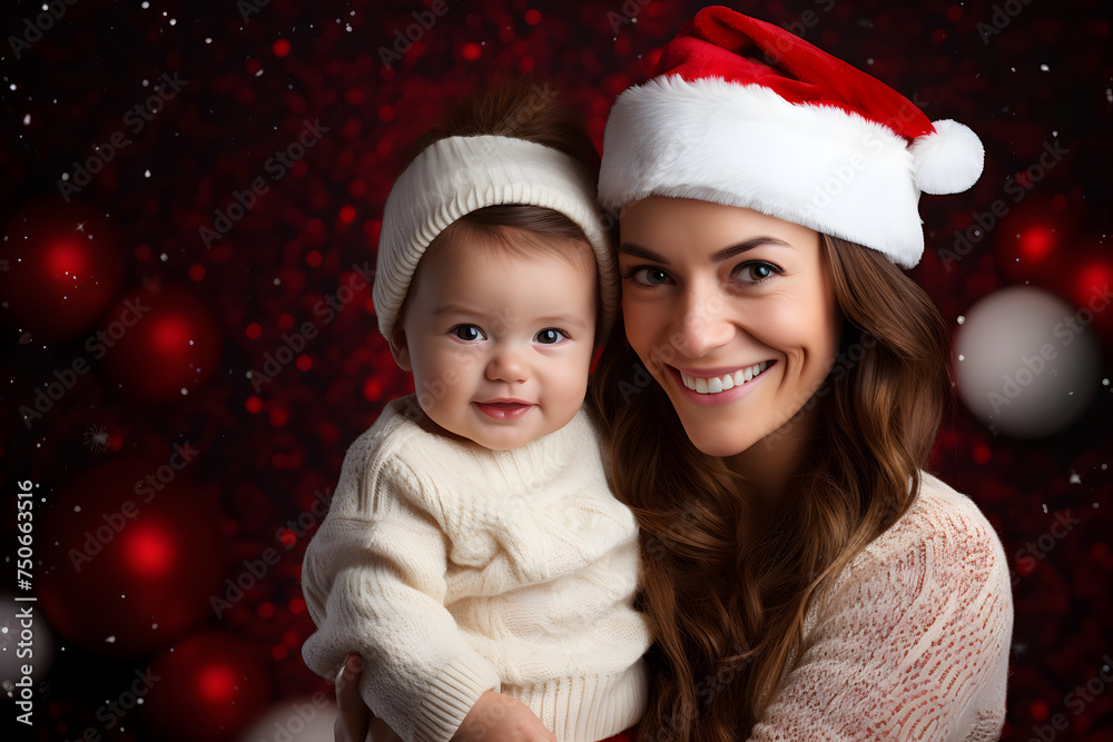 Heartwarming image of a mother and baby in Christmas hats, conveying the joy of the season. Heartwarming image of a mother and baby in Christmas hats, conveying the joy of the season.