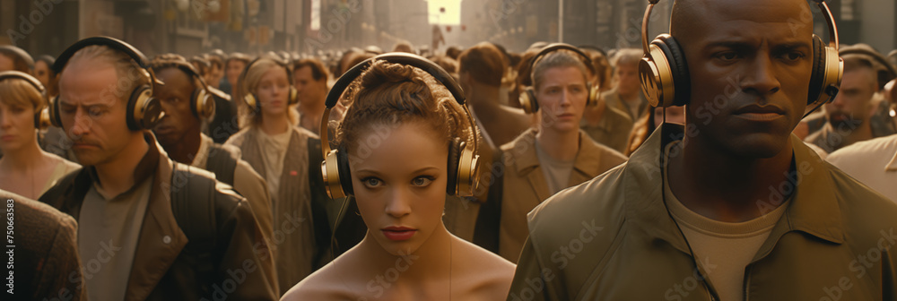 a crowd wearing headphones, groups of people, many people on the street walking with headphones, the concept of closed people not wanting to hear and help around - obrazy, fototapety, plakaty 