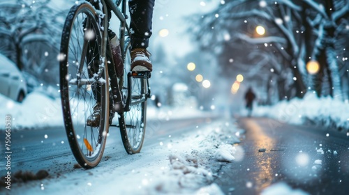 A person wearing winter gear riding a bike along a snow-covered road © Elmira