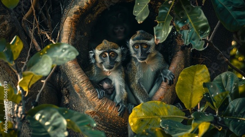 Monkeys playing in a baobab tree, vibrant green foliage around