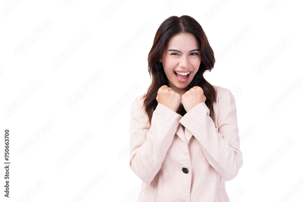 Surprised young business woman raised arm look at camera Excited Pretty girl act like a satisfied product, use for advertising Isolated on white background copy space Excited young girl get happiness Surprised young business woman raised arm look at camera Excited Pretty girl act like a satisfied product, use for advertising Isolated on white background copy space Excited young girl get happiness