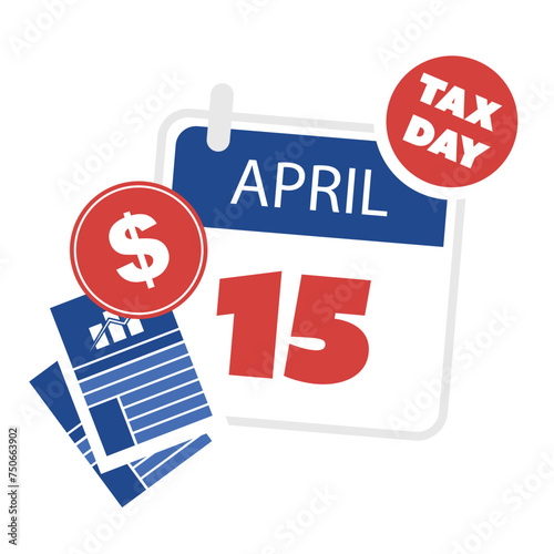 Tax Day Reminder Concept, Ring Binder Calendar Page - Vector Design  Element Template Isolated on White Background - USA Tax Deadline, Due Date for IRS Federal Income Tax Returns:15th April, Year 2024