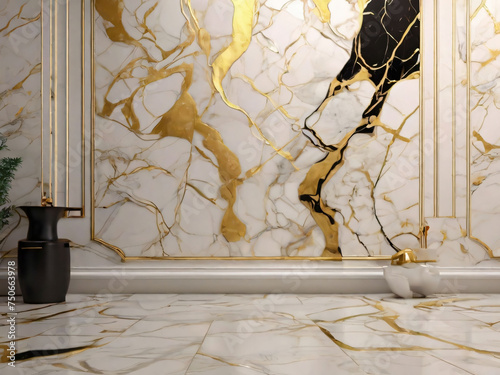 A white and gold marble wall with gold accents and a black and white marble floor with a gold vein design on the side of the wall.  generative ai