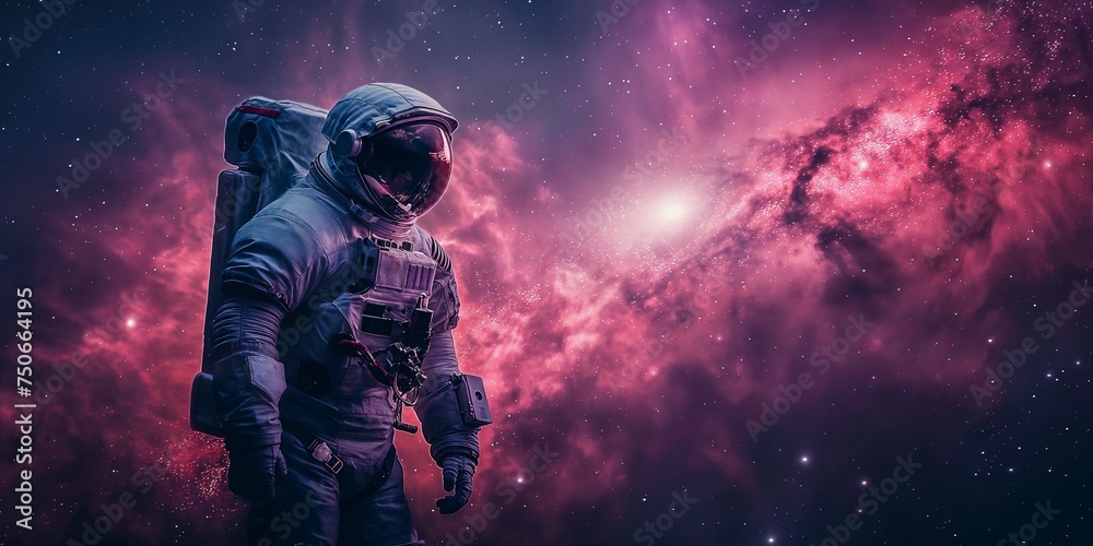 Portrait of an astronaut. Mars colonization or settlement concept. Astronaut in space suit in outer space with nebula reflection in helmet glass - obrazy, fototapety, plakaty 