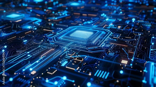 A close-up of a computer chip with glowing blue lights. The chip is surrounded by a complex network of circuitry.