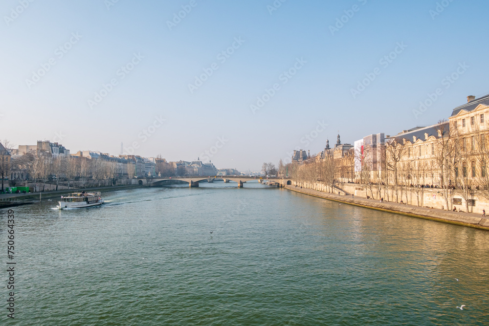 Paris, France - January 24, 2020: beautiful landscape view of Paris, picturing the Seine River and some  some buildings facades.