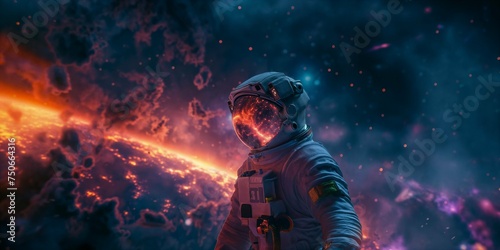 Portrait of an astronaut. Mars colonization or settlement concept. Astronaut in space suit in outer space with nebula reflection in helmet glass
