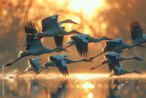 Flock of storks taking flight from a wetland, coordination, migration ready photo