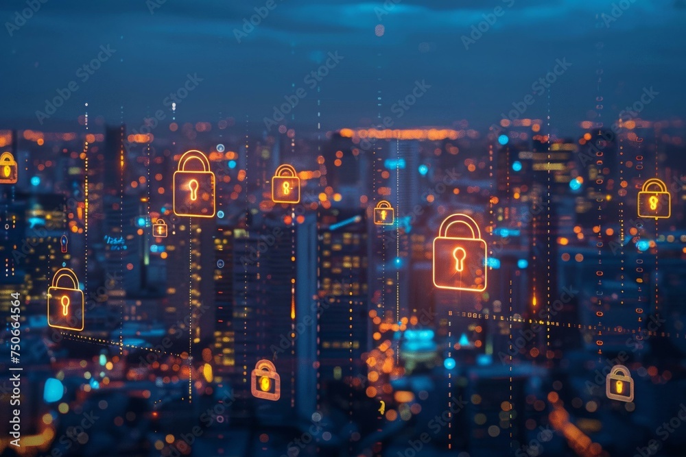Cybersecurity lock icons floating over a digital city, protection theme