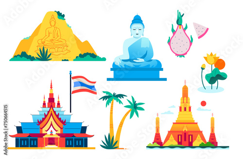 National Treasure of Thailand - flat design style objects set. High quality colorful images of Khao Chi Chan, Big Buddha in Phuket, pitaya fruit, Sunrise Temple Wat Arun and beautiful lotus flower
