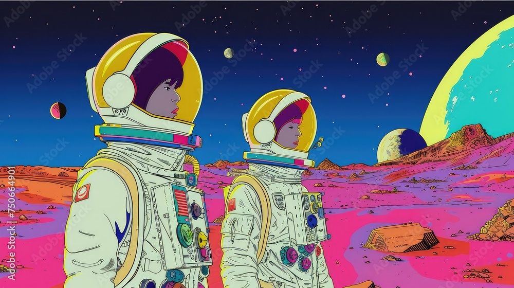 Naklejka premium Male and female astronauts in a desert, planets and stars in background.
