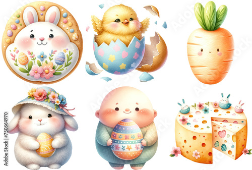 Whimsical Easter Characters and Festive Decorations, characters including a bunny in a floral wreath, a hatching chick, and a carrot character, complemented by Easter-themed decorations.