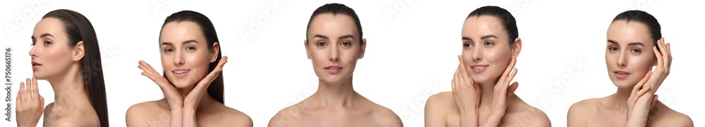 Beautiful woman with perfect smooth skin on white background, collage of photos Beautiful woman with perfect smooth skin on white background, collage of photos