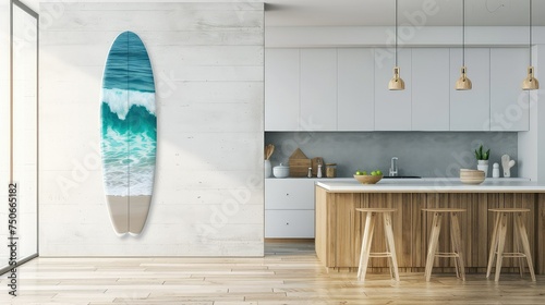Surfboard decorated in modern dining room. © Suwanlee