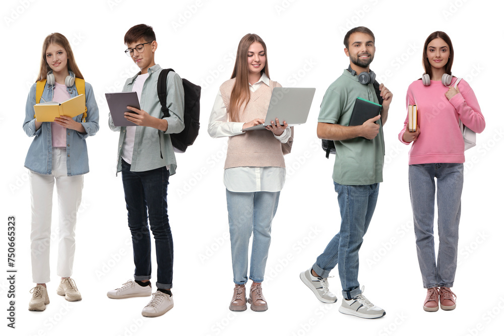 Group of happy students on white background