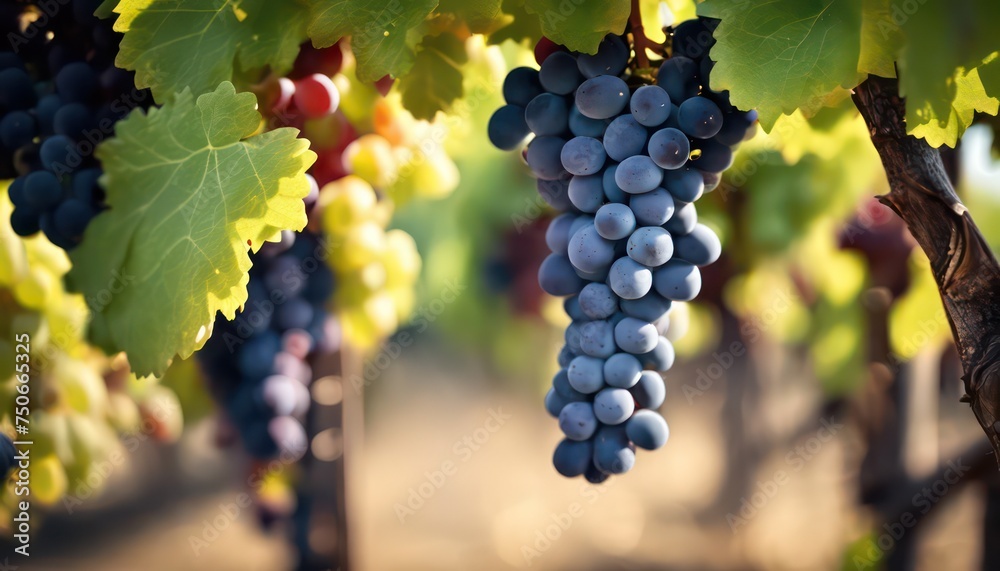 Fototapeta premium Sunlit vineyard with ripe grapes