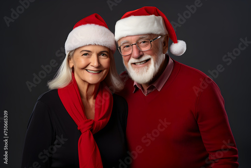 Senior couple in festive Christmas attire, perfect for your holiday-themed marketing.