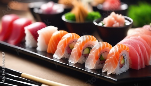 Assorted sushi platter on elegant black table