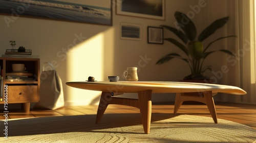 Surfboard used as coffeetable in living room. photo