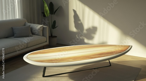 Surfboard used as coffeetable in living room. photo