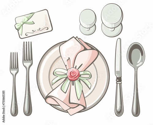 Table etiquette of wedding ceremony with cutlery fork, knife and napkin on white isolated background. Table setting restaurant business. Vector illustration in eps 10