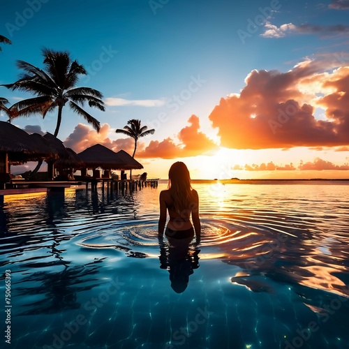 paradise-sunset-idyllic-vacation-woman-silhouette-swimming-in-infinity-pool-looking-at-sky-reflectio