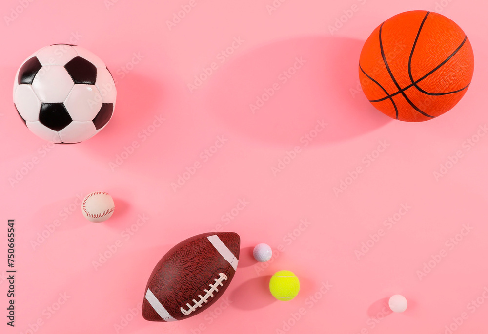 Many different sports balls on pink background, flat lay. Space for text - obrazy, fototapety, plakaty 