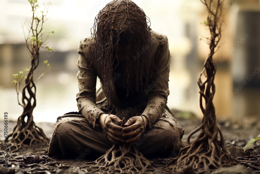 Person Cove Rd In Rocks A person covered in dirt sits cross-legged on the ground, merging with ...