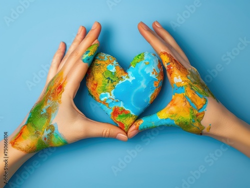Female hands, painted in the world map, forming heart shape.