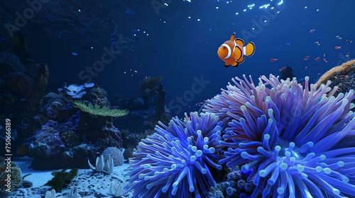 Vibrant underwater scene with clownfish, coral reef life. ideal for educational content. marine biodiversity representation. AI © Irina Ukrainets