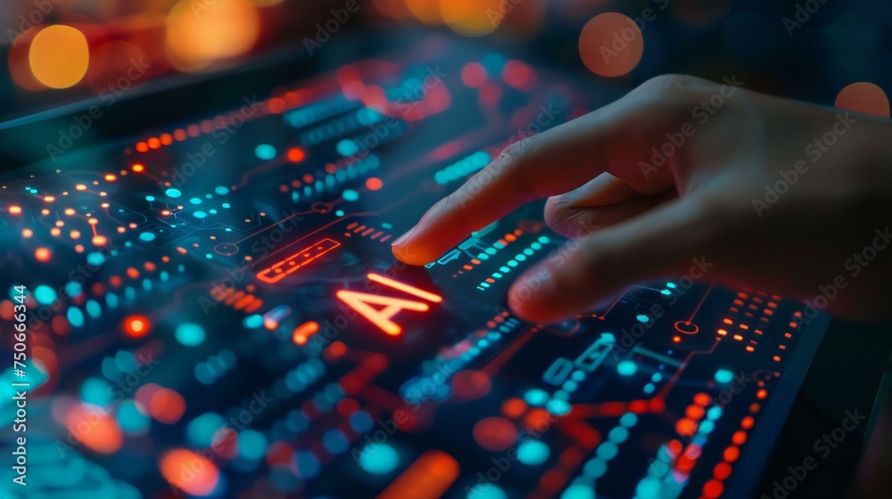 A hand is pointing at the letters AI on a computer screen A hand is pointing at the letters AI on a computer screen