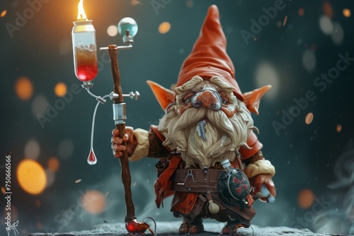 A dwarf wizard with a cane. A fabulous bearded wizard. A fairy dwarf elf with a cane. 3d illustration photo