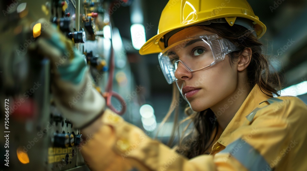 A woman wearing a yellow helmet and safety glasses is working on a machine A woman wearing a yellow helmet and safety glasses is working on a machine