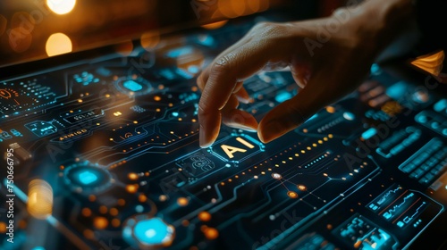 A hand is touching a screen with the word AI on it