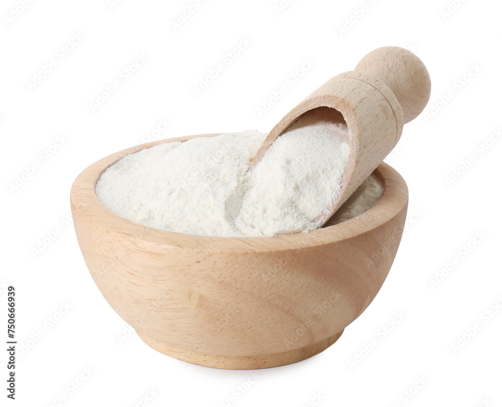 Baking powder in bowl and scoop isolated on white Baking powder in bowl and scoop isolated on white