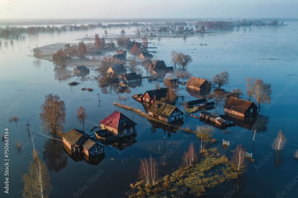 aerial view of a town that has been flooded. generative ai