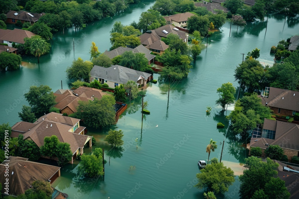 Fototapeta premium aerial view of a town that has been flooded. generative ai