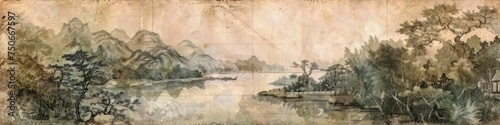 Vintage Asian Riverside. A Muted, Line Drawing Style Painting Capturing Scenes Along the River © EMRAN