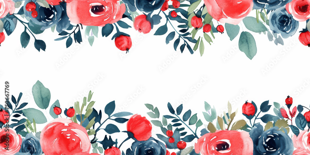 Bouquets of red and blue watercolor roses border with copy space. Happy Mother's day floral frame background. Festive flowers holiday greeting card, invitation, banner backdrop for Mom or Valentine's. - obrazy, fototapety, plakaty 
