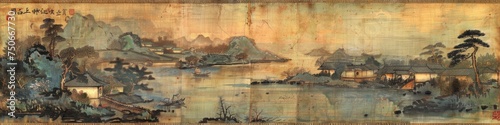 Scenic Riverside, Traditional Chinese Painting Featuring a River and Houses, Embellished with Dark Gold and Light Cyan Hues