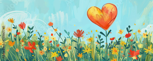 Happy Mother's day floral background. Watercolor crayon field of wildflowers and big heart shaped flower children's drawing. Festive Valentine's holiday greeting card or promotional banner backdrop.